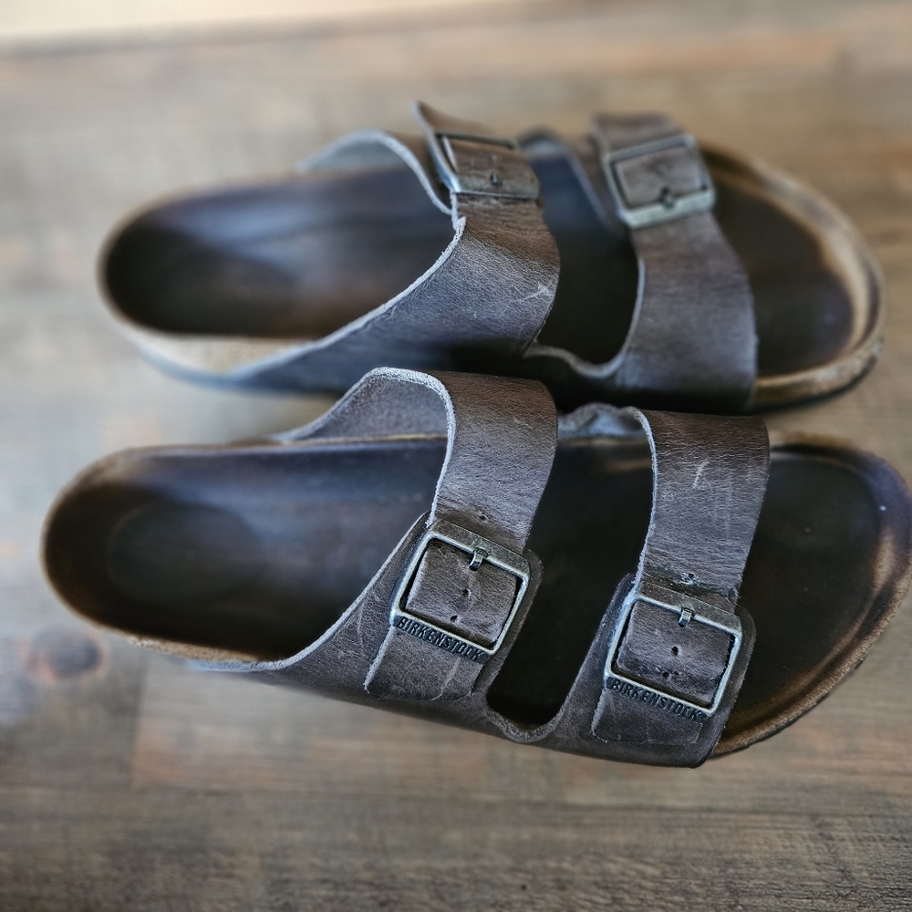 Birkenstock gray brown leather slippers slides sandals - Picture 2 of 16